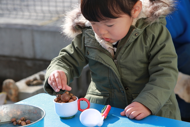 どんぐりで遊ぶ子ども